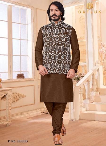 Brown Colour Festive Wear Kurta Pajama With Jacket Mens Collection 50006